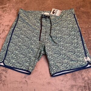 Costa Men's Blue and Green Wave-Print Swim Board Shorts